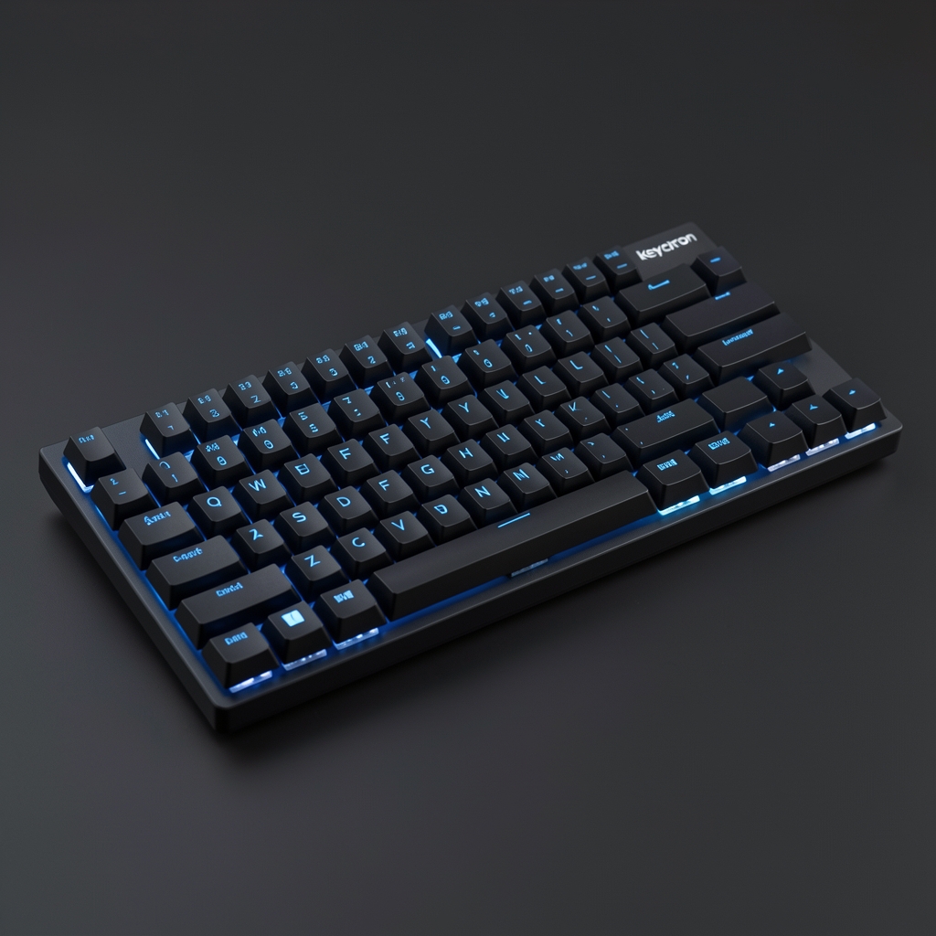 Tastatură mecanică Keychron K8 wireless cu taste low-profile, indicator LED albastru și layout TKL pe fundal închis
